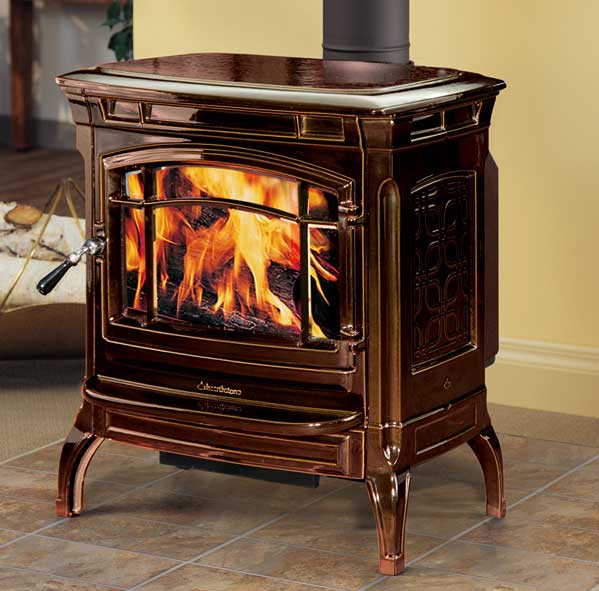 Hearthstone Shelburne Wood Stove, Brown Porcelain in room