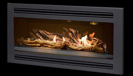Pacific Energy Esprit Linear Gas Fireplace in Black with Driftwood Logs